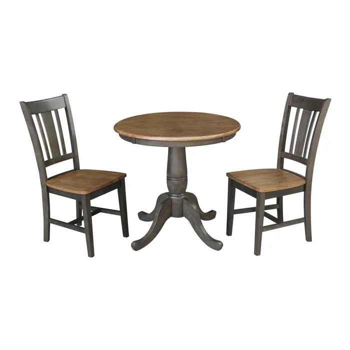 International Concepts (Set of 3 Pcs) -30in Round Top Ped Table with 2 San Remo Chairs in Hickory/Washed Coal Finish – K45-30RT-C10-2
