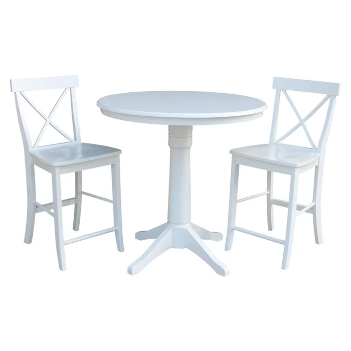 International Concepts (Set of 3 Pcs) – 36in Round Pedestal Gathering Height Table with 2 X-Back Counter Height Stools in White Finish – K08-36RT-27B-S6132