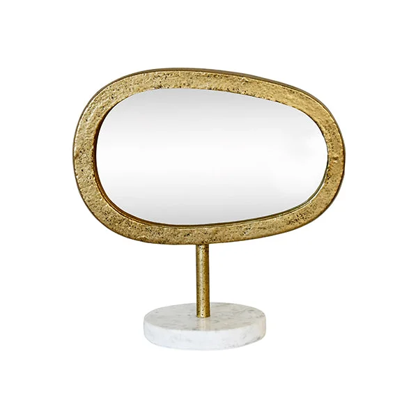 Iron Tabletop Mirror In Aged Gold Finish On White & Grey Marble Base