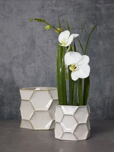 Jabi Ceramic Hexagonal Pattern Pot Set Of 2 By Accent Decor – White – Ceramic – 91771