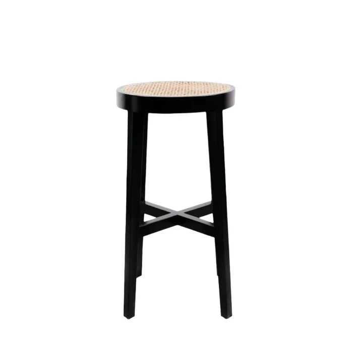 Jeanneret Round Bar Stool with Cane Seat
