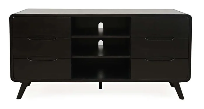Jofran – Marlowe Mid-Century Modern 64in Curved Media Console TV Stand with Tapered Legs and Storage Drawers, Dark Brown – 2242-64
