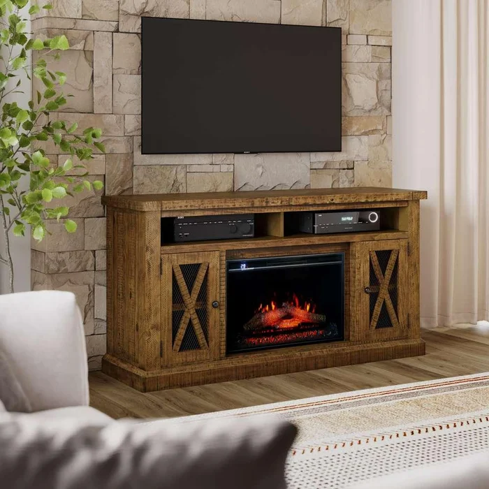 Jofran – Telluride Rustic Solid Pine 60in Storage Console TV Stand with Electric Fireplace, Gold – 1800-FP6032