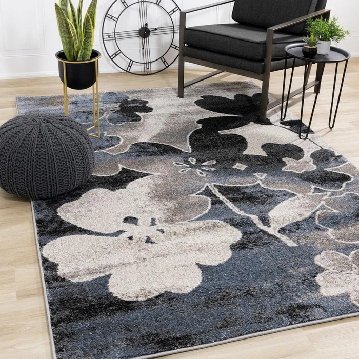 Kalora Interiors – Breeze Blue Cream Black Poppies Rug, 710in x 106in – E188/7717 240320