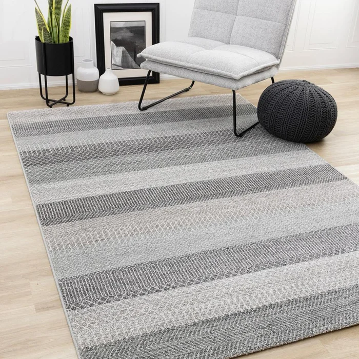 Kalora Interiors – Mae Grey White Taupe Banded Pattern Rug, 53in x 77in – 34105/4262 160230