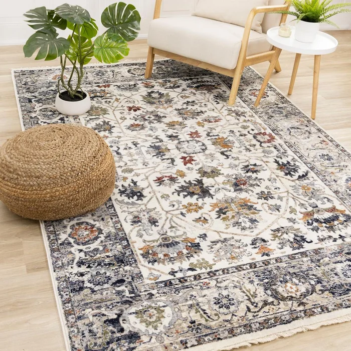 Kalora Interiors – Serene Cream Blue Intricate Border Rug, 67in x 102in – D984/7424 200310