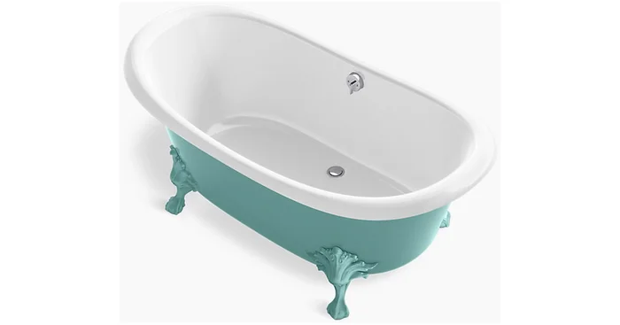 Kohler Artifacts 67″ Free Standing Cast Iron Soaking Tub with Heritage Spring Green Exterior, Center Drain, and Overflow