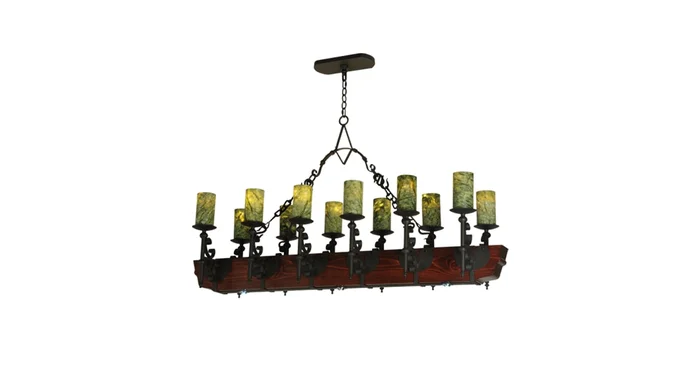 Meyda Tiffany Tudor 15 Light 60″ Wide Pillar Candle Style Chandelier with Green Jadestone Shades- Wrought Iron Finish