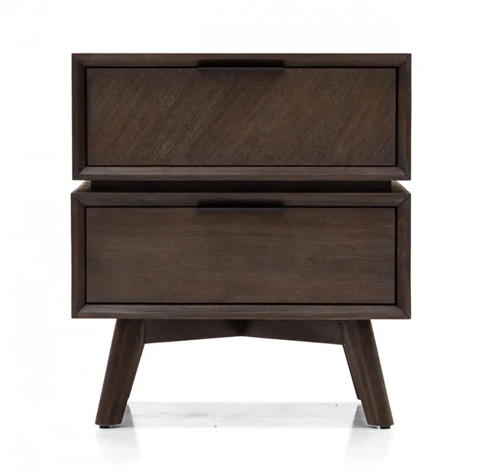 Mid Century Acacia Nightstand With Two Drawers And Black Metal Handles