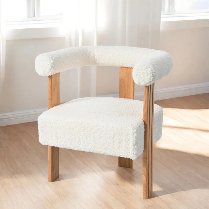 Mid-Century Modern Barrel Accent Chair, White Teddy Velvet
