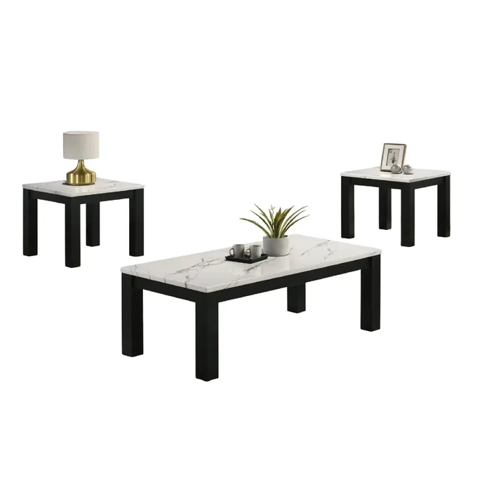 Modern 3 Piece Living Room Table Set With Faux Marble Top Wooden – Black / White