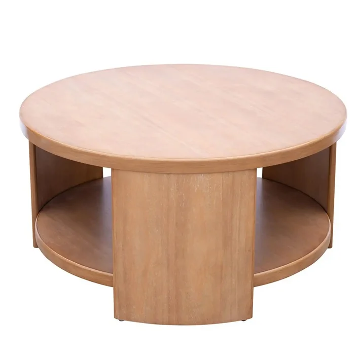 Modern Minimalist Round Coffee Table With Shelf Storage – Natural