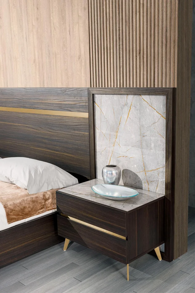 Nova Domus Velondra – Eastern King Modern Eucalypto + Marble Bed with Two Nightstands