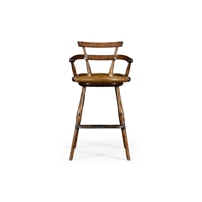 Oak Bar Stool with Studded Leather Seat