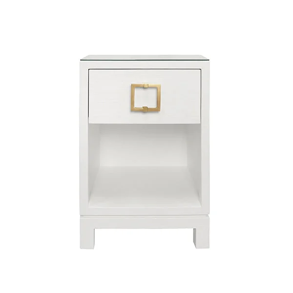 One Drawer Side Table With Large Brass Square Hardware In White Textured Linen With Glass Top