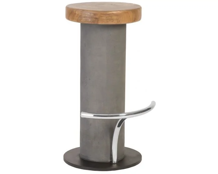 Phillips Collection Concrete Bar Stool, Chamcha Wood Top, Stainless Steel Footrest (Dropshippable)