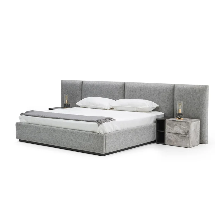 Queen Nova Domus Maranello – Modern Grey Fabric Bed w/ Two Nightstands
