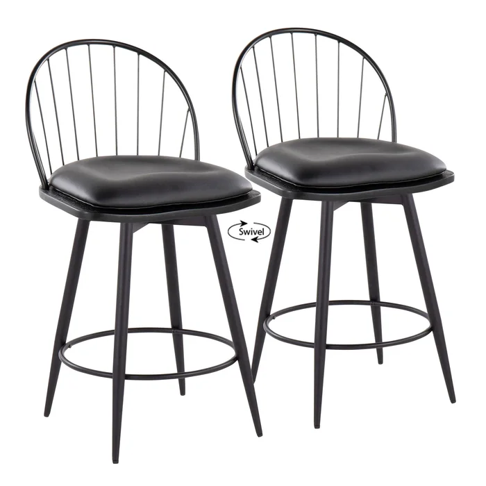 Riley – Farmhouse Fixed Height Counter Stool With Swivel With Round Footrest (Set of 2) – Matte Black