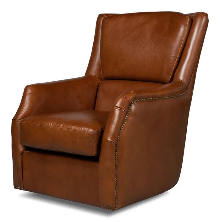 Sarreid Ltd – Baker Leather Swivel Chair, Cuba Brown – 54107