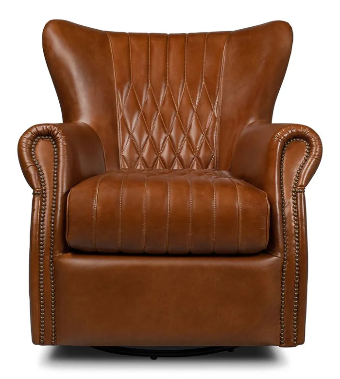 Sarreid Ltd – Bugatti Leather Swivel Chair – Brown – 53469