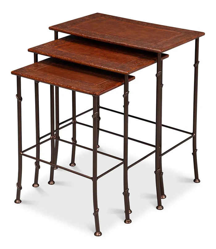 Sarreid Ltd – Kew Gardens Leather Nesting Tables – Brown – 16696