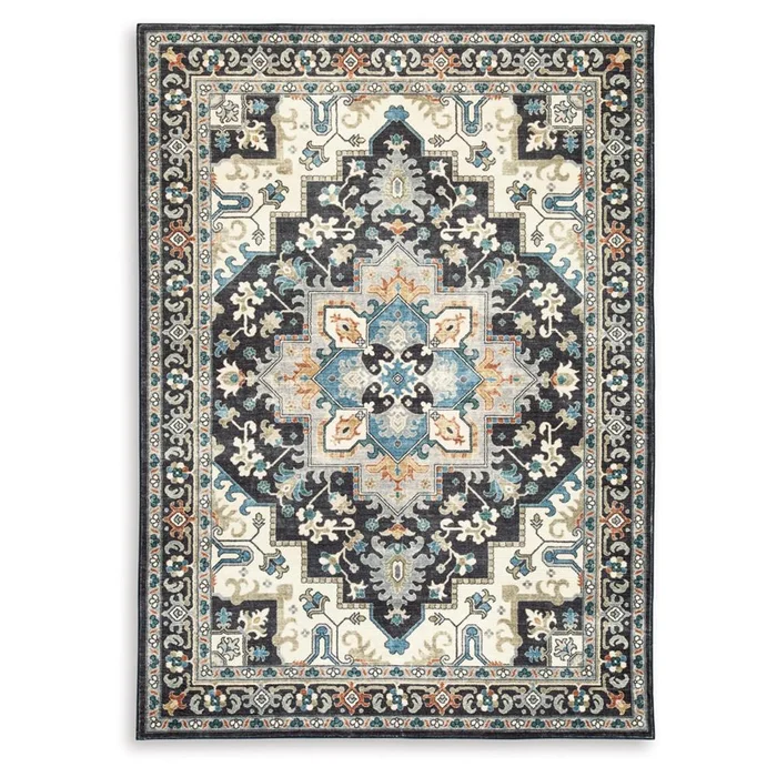 Signature Design by Ashley – Leningston Washable Medium Rug in Black/Cream/Blue – R407062