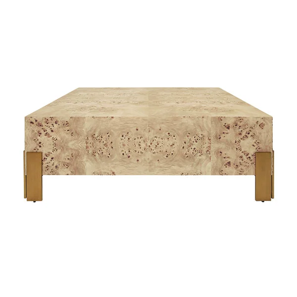 Square Chunk Coffee Table With Antique Brass Leg Brackets In Burl Wood