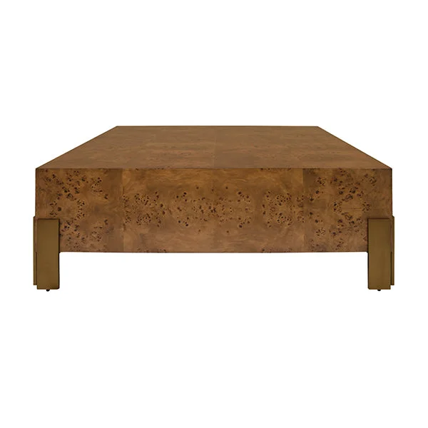 Square Chunk Coffee Table With Antique Brass Leg Brackets In Dark Burl Wood