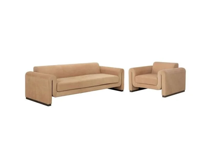 Sunpan Romer Sofa Set in Distressed Brown – Nubuck Tan Leather