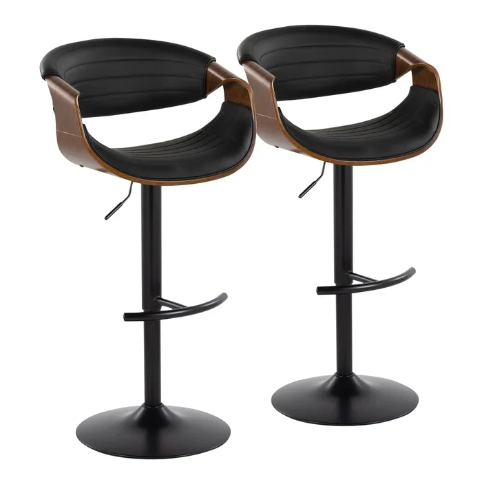 Symphony – Mid-Century Modern Adjustable Barstool With Swivel With Rounded T Footrest (Set of 2) – Black / Walnut / Black