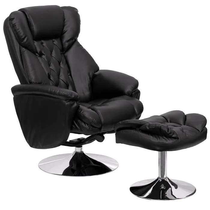 Transitional Multi-Position Recliner And Ottoman With Chrome Base In Black Leathersoft By Flash Furniture – Black