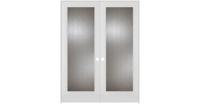 Trimlite 48″ by 80″ 2 Rain Glass Lite Ovolo Edge Interior Double French Door with Ball Catch, Satin Nickel Hinges and 6-9/16″ Door Jamb