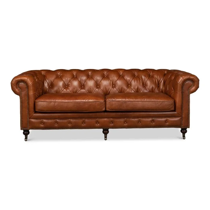 Tufted English Club 89″ Leather Sofa