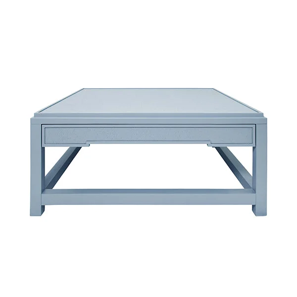 Two Hidden Drawer Coffee Table With Matte Light Blue Lacquer Frame And Inset Light Blue Grasscloth