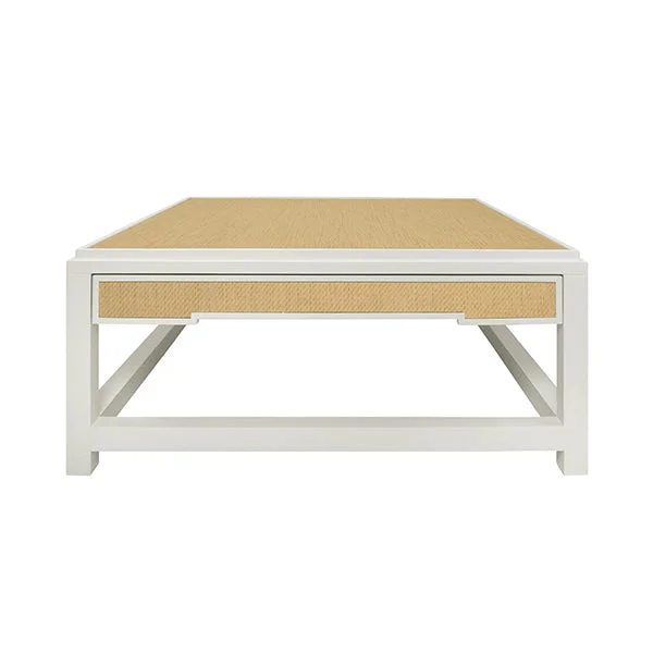 Two Hidden Drawer Coffee Table With Matte White Lacquer Frame And Inset Natural Grasscloth
