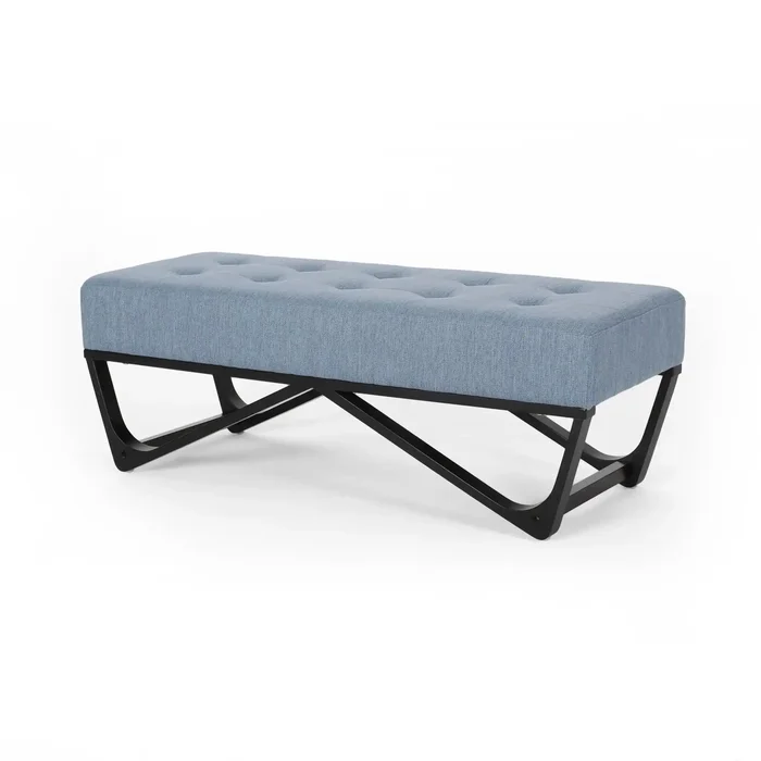 Upholstered Ottoman With Button Tufted Waffle Stitch And Black Geometric Legs – Light Blue
