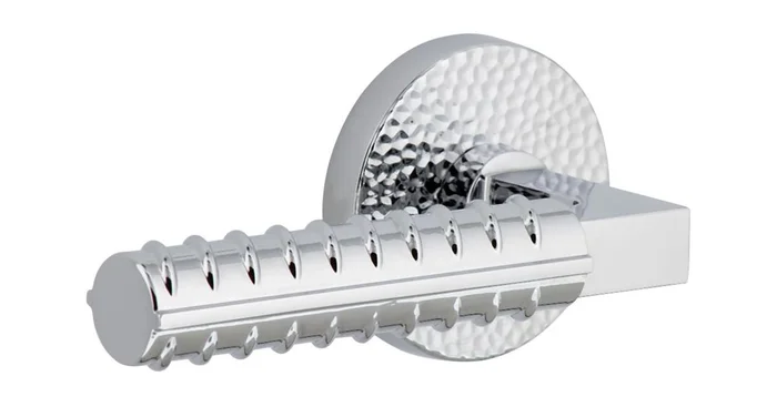 Viaggio Circolo Hammered Left Handed Solid Brass Non-Turning One-Sided Dummy Door Lever with Contempo Rebar Lever and Circolo Hammered Rosette