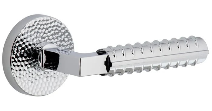 Viaggio Circolo Hammered Right Handed Solid Brass Non-Turning One-Sided Dummy Door Lever with Contempo Rebar Lever and Circolo Hammered Rosette