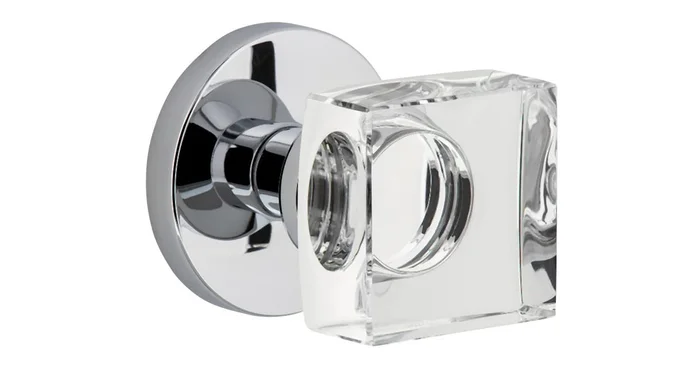 Viaggio Circolo Solid Brass Passage Door Knob Set with Quadrato Crystal Knob and Circolo Rosette – 2-3/4″ Backset