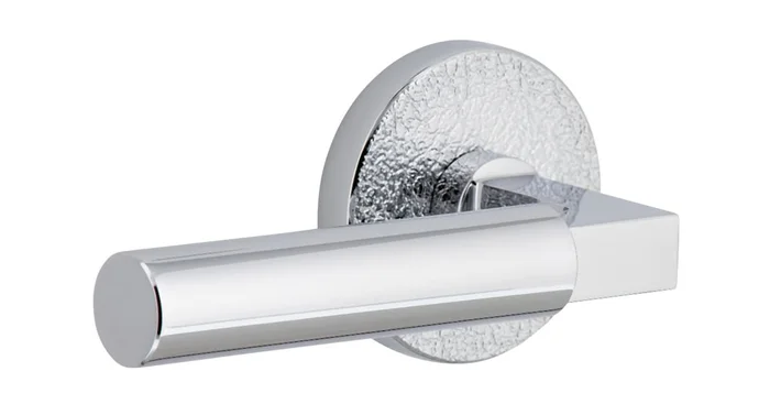 Viaggio Motivo Left Handed Solid Brass Passage Door Lever Set with Contempo Lever and Circolo Leather Rosette – 2-3/8″ Backset