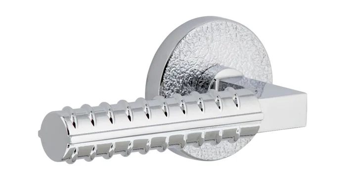 Viaggio Motivo Left Handed Solid Brass Passage Door Lever Set with Contempo Rebar Lever and Circolo Leather Rosette – 2-3/4″ Backset