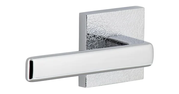 Viaggio Motivo Left Handed Solid Brass Passage Door Lever Set with Lusso Lever and Quadrato Leather Backplate – 2-3/8″ Backset