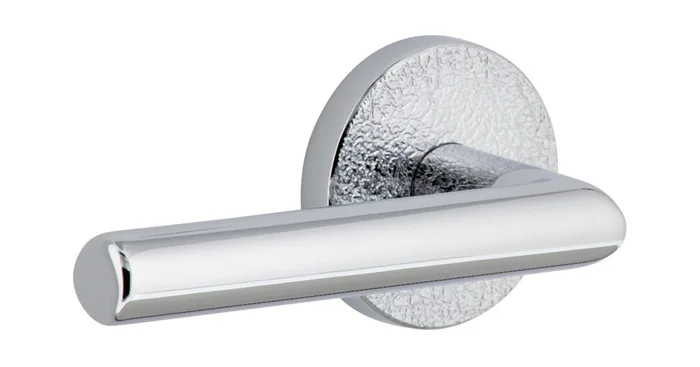 Viaggio Motivo Left Handed Solid Brass Privacy Door Lever Set with Moderno Lever and Circolo Leather Rosette – 2-3/4″ Backset