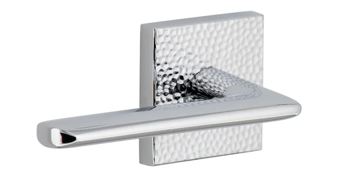 Viaggio Quadrato Hammered Solid Brass Non-Turning Two-Sided Dummy Door Lever Set with Brezza Lever and Quadrato Hammered Backplate