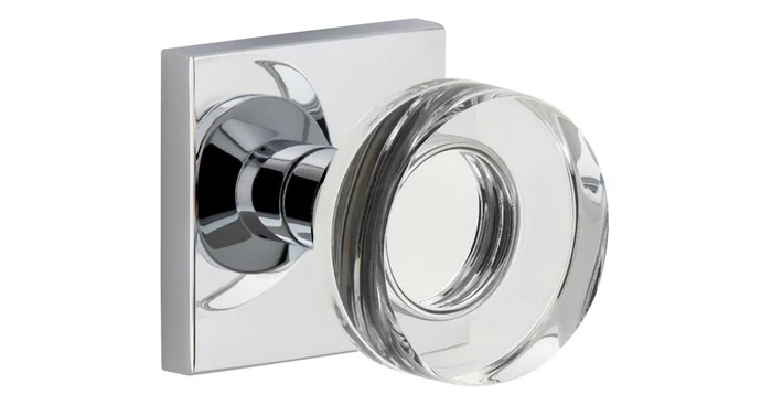 Viaggio Quadrato Solid Brass Passage Door Knob Set with Circolo Crystal Knob and Quadrato Backplate – 2-3/8″ Backset