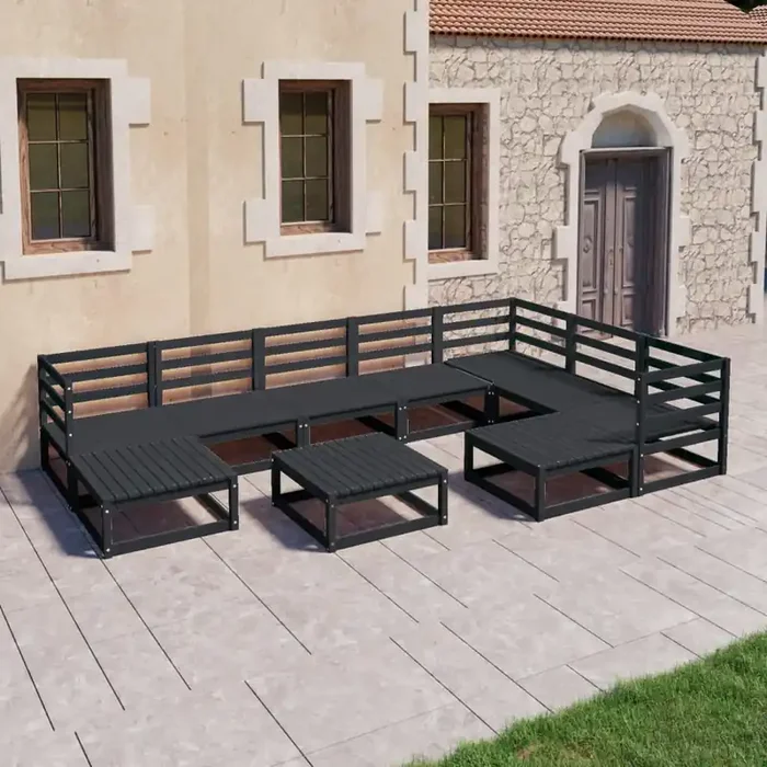 vidaXL 10 Piece Garden Lounge Set Black Solid Pinewood