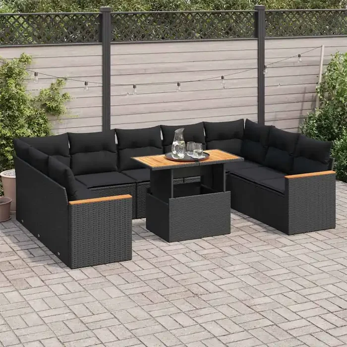vidaXL 10 Piece Garden Sofa Set with Cushions Black Poly Rattan Acacia
