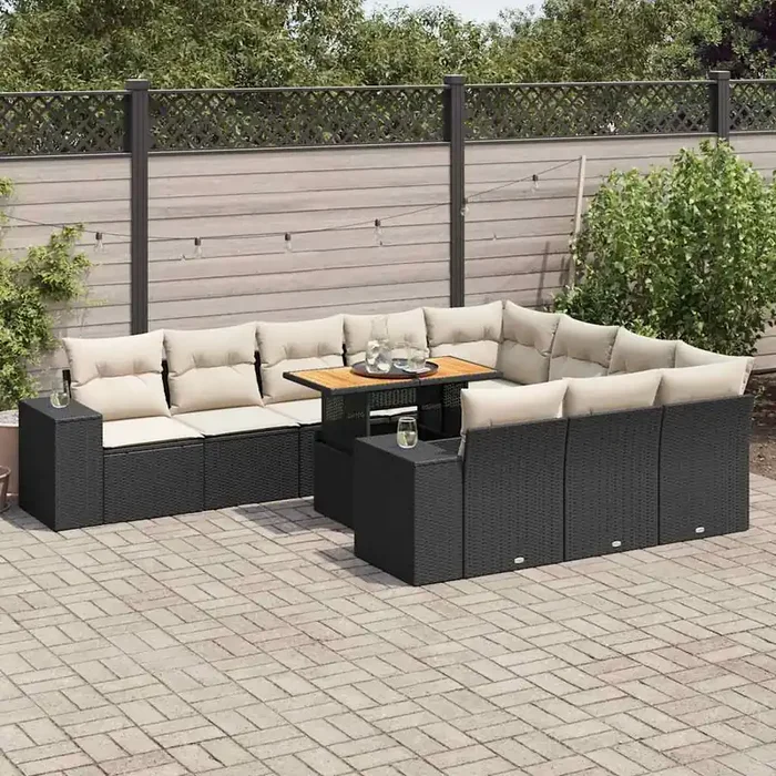 vidaXL 10 Piece Garden Sofa Set with Cushions Black Poly Rattan Acacia