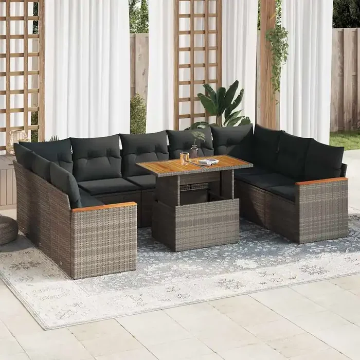 vidaXL 10 Piece Garden Sofa Set with Cushions Grey Poly Rattan Acacia