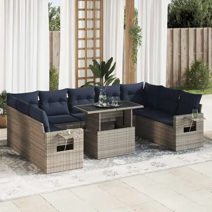 vidaXL 10 Piece Garden Sofa Set with Cushions Grey Poly Rattan Acacia